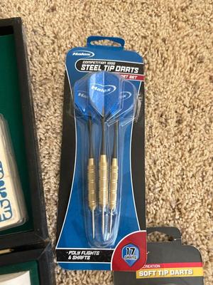 VINTAGE POKER CHIPS, DECKS OF CARDS AND A BUNCH OF DARTS