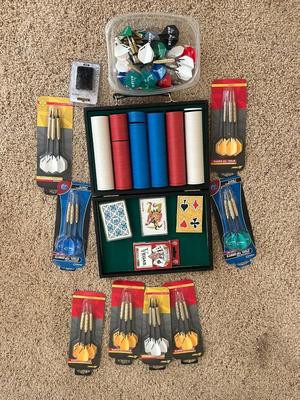 VINTAGE POKER CHIPS, DECKS OF CARDS AND A BUNCH OF DARTS