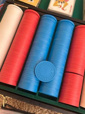 VINTAGE POKER CHIPS, DECKS OF CARDS AND A BUNCH OF DARTS