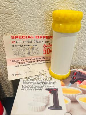 CRÈME BRÛLÉE SET, VEG-O-MATIC, COOKIE PRESS AND A MULTIGRATER