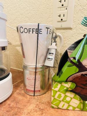 KRUPS 4 CUP COFFEE MAKER, BAKE IN SKILLET BROWNIE MIX, SYRUP DISTRIBUTION JARS, COFFEE/TEA CUP GIFT SET