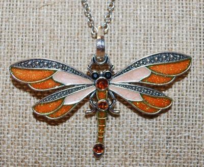 RED/ORANGE & PINK Dragonfly PENDANT (2½" x 2") on a Silver Tone Necklace Chain 19" L