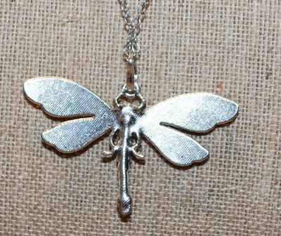 RED/ORANGE & PINK Dragonfly PENDANT (2½" x 2") on a Silver Tone Necklace Chain 19" L