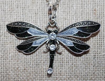 Glittery DEEP GREEN & GRAY Dragonfly PENDANT (2½" x 2") on a Silver Tone Necklace Chain 19" L