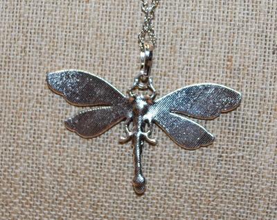Glittery DEEP GREEN & GRAY Dragonfly PENDANT (2½" x 2") on a Silver Tone Necklace Chain 19" L