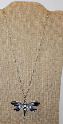 Glittery DEEP GREEN & GRAY Dragonfly PENDANT (2½" x 2") on a Silver Tone Necklace Chain 19" L