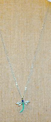 Blue Headed, Green Tailed & Silvery Wings Dragonfly PENDANT (1" x 1") on a Silver Tone Necklace Chain 18" L