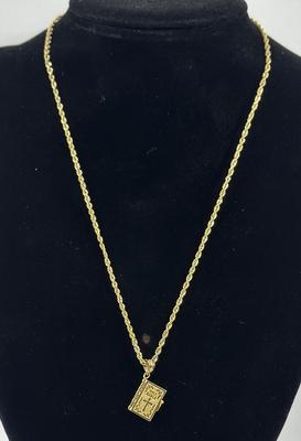 Lot 24: 14k Gold Necklace with Holy Bible & Scripture Pendant - 5g