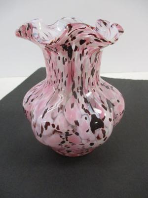 Vintage Hand Blown Spatter Pink White Burgundy Art Glass Flower Vase Ruffle