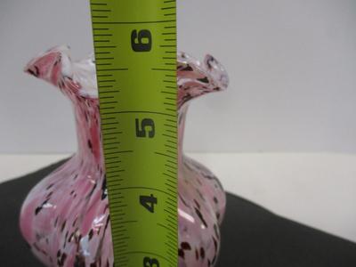 Vintage Hand Blown Spatter Pink White Burgundy Art Glass Flower Vase Ruffle