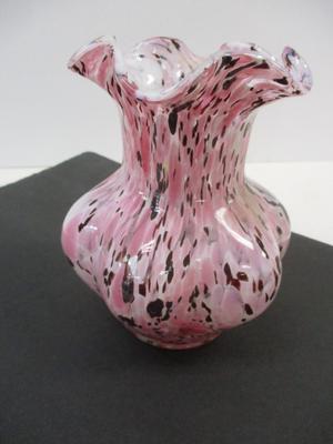 Vintage Hand Blown Spatter Pink White Burgundy Art Glass Flower Vase Ruffle