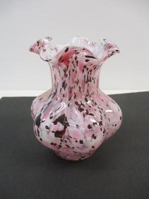 Vintage Hand Blown Spatter Pink White Burgundy Art Glass Flower Vase Ruffle