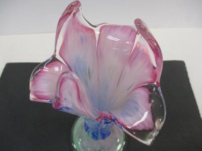 Hand Blown Pink Blue & Green Swirl Flower Petal Shape Vase Art Glass
