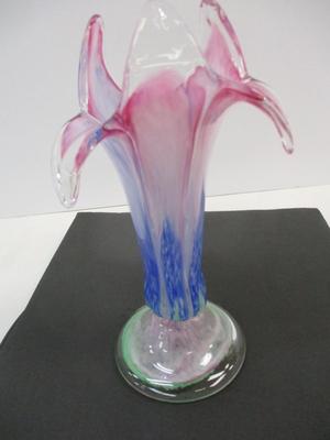 Hand Blown Pink Blue & Green Swirl Flower Petal Shape Vase Art Glass