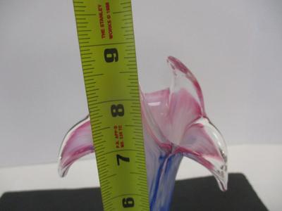 Hand Blown Pink Blue & Green Swirl Flower Petal Shape Vase Art Glass