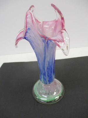 Hand Blown Pink Blue & Green Swirl Flower Petal Shape Vase Art Glass