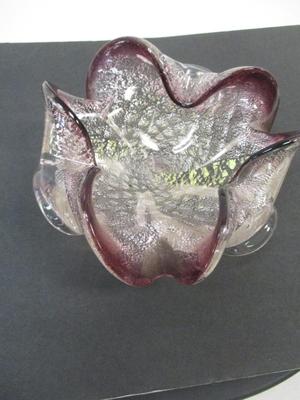 Vintage Hand Blown Glass Bowl Amethyst Ombre Ruffles Rolled Edge Italy Gold Flecks