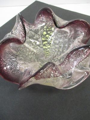 Vintage Hand Blown Glass Bowl Amethyst Ombre Ruffles Rolled Edge Italy Gold Flecks