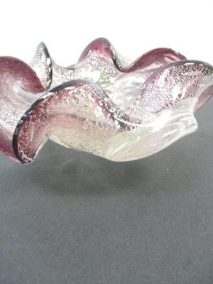 Vintage Hand Blown Glass Bowl Amethyst Ombre Ruffles Rolled Edge Italy Gold Flecks