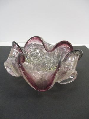 Vintage Hand Blown Glass Bowl Amethyst Ombre Ruffles Rolled Edge Italy Gold Flecks