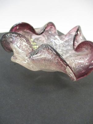 Vintage Hand Blown Glass Bowl Amethyst Ombre Ruffles Rolled Edge Italy Gold Flecks