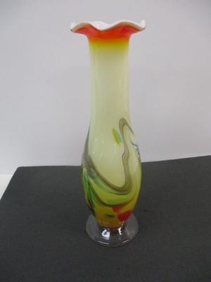 Vintage Chinese Dalian Glass Company ‘Snowflakes’ Vase Crimped Ruffled Top
