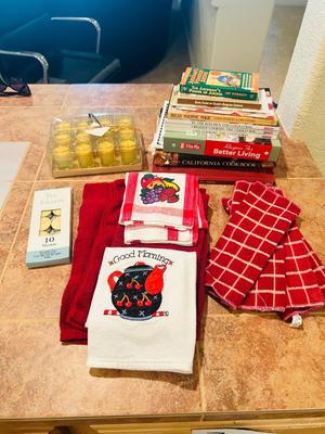 COOKBOOKS, CANDLES, AND DISH TOWELS
