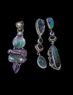 Sterling ATI signed earrings, & signed pendant, pearl, amethyst, blue topaz
