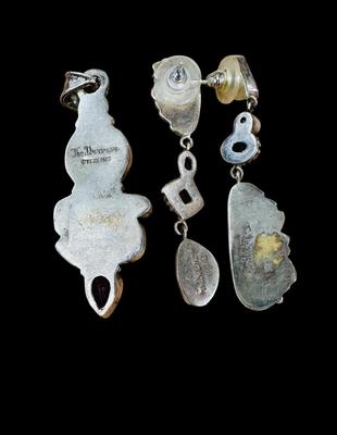 Sterling ATI signed earrings, & signed pendant, pearl, amethyst, blue topaz
