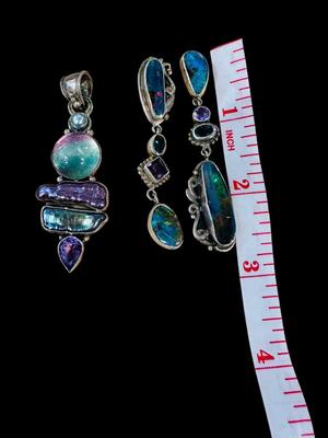 Sterling ATI signed earrings, & signed pendant, pearl, amethyst, blue topaz