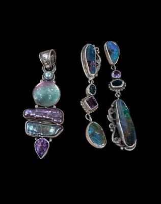 Sterling ATI signed earrings, & signed pendant, pearl, amethyst, blue topaz