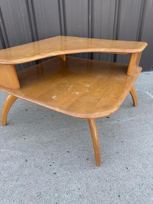 Sale Photo Thumbnail #30: Z3-Heywood Wakefield Corner Table

There is no makers mark on the bottom of this corner table.
Please see photos for damage, this piece will require some TLC.