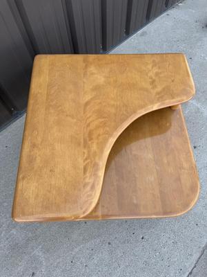 Sale Photo Thumbnail #28: Z3-Heywood Wakefield Corner Table

There is no makers mark on the bottom of this corner table.
Please see photos for damage, this piece will require some TLC.
