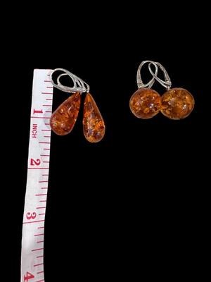 Amber and Sterling Earrings, 2 Pairs