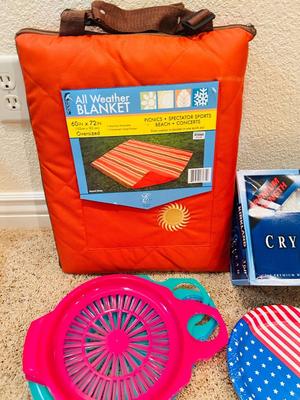 PICNICKING WITH THIS ALL WEATHER BLANKET PAPER PLATE HOLDERS, NAPKINS AND DISPOSABLE CUTLERY