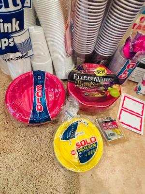 DISPOSABLE CUPS, PLATES, BOWLS, AND NAME TAGS