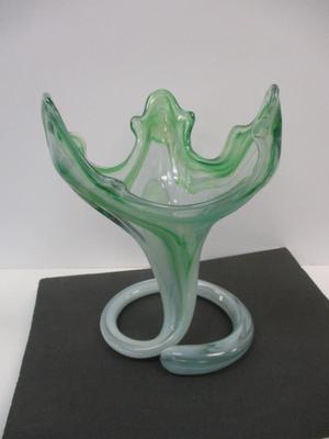 Vintage Hand Blown Green To Clear Flowering Spiral Art Glass