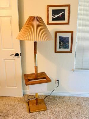 SOLID WOOD. TABLE/LAMP WITH BUILT IN MAGAZINE HOLDER, SHOWER CURTAIN AND FRAMED PICTURES