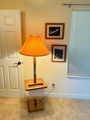 SOLID WOOD. TABLE/LAMP WITH BUILT IN MAGAZINE HOLDER, SHOWER CURTAIN AND FRAMED PICTURES