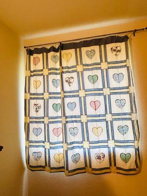 SOLID WOOD. TABLE/LAMP WITH BUILT IN MAGAZINE HOLDER, SHOWER CURTAIN AND FRAMED PICTURES