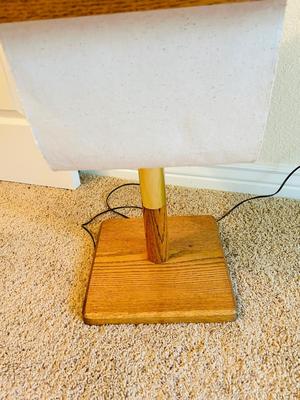SOLID WOOD. TABLE/LAMP WITH BUILT IN MAGAZINE HOLDER, SHOWER CURTAIN AND FRAMED PICTURES