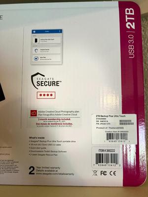 SEAGATE 2TB 3.0 USB BACKUP PLUS ULTRA TOUCH DATA SECURE PORTABLE DRIVE