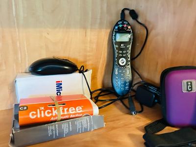 LOMGITECH HARMONY 620 SERIES REMOTE, RCA MP3 PLAYER, CLICK FREE AUTOMATIC BACK UP AND A SMALL TRAVEL MOUSE
