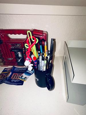 NIFTY BATTERY DADDY WITH BATTERIES, FILE HOLDER, STORAGE BASKET AND PUZZLE BOOLS WITH PENS AND PENCILS