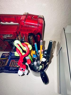 NIFTY BATTERY DADDY WITH BATTERIES, FILE HOLDER, STORAGE BASKET AND PUZZLE BOOLS WITH PENS AND PENCILS