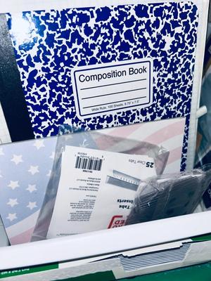 AN ARRAY OF DIFFERENT PAPER AND, LABELS SLEEVES, HOLE PUNCH AND OTHER ITEMS