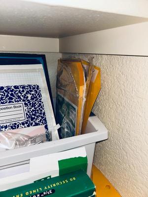 AN ARRAY OF DIFFERENT PAPER AND, LABELS SLEEVES, HOLE PUNCH AND OTHER ITEMS