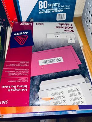 AN ARRAY OF DIFFERENT PAPER AND, LABELS SLEEVES, HOLE PUNCH AND OTHER ITEMS