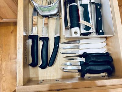AN ASSORTMENT OF KITCHEN KNIFES AND OTHER UTENSILS