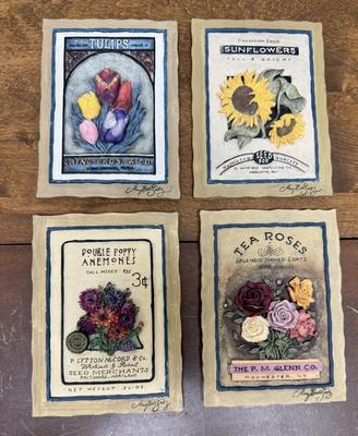 Set of 4 Mary Beth Zietz 3D Wall Plaques Resin Raised Flowers Signed